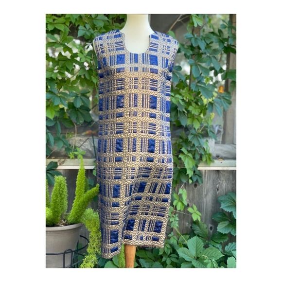 Vintage 50s Gold Metallic Brocade MIDI Dress Formal Cleopatra - Picture 2 of 10